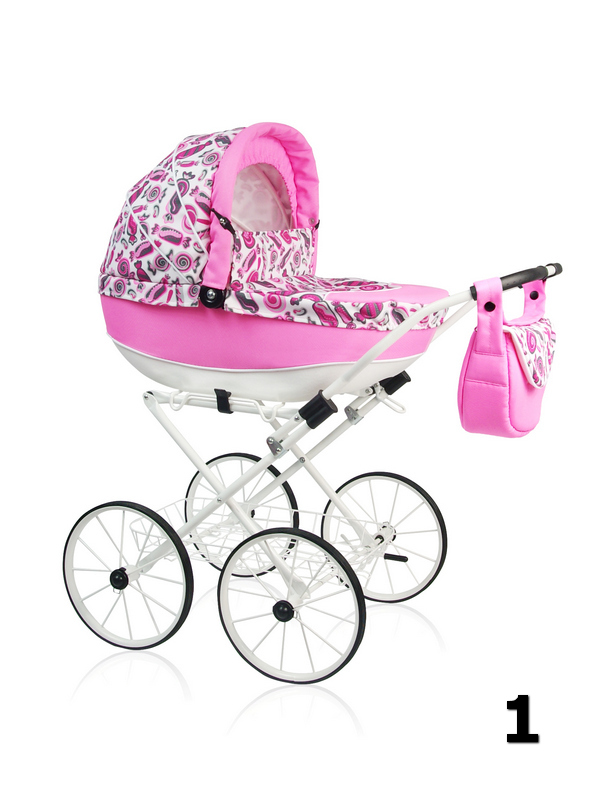 Laila Prampol - a pink doll's pram with large wheels and a bag, perfect for a gift for a girl